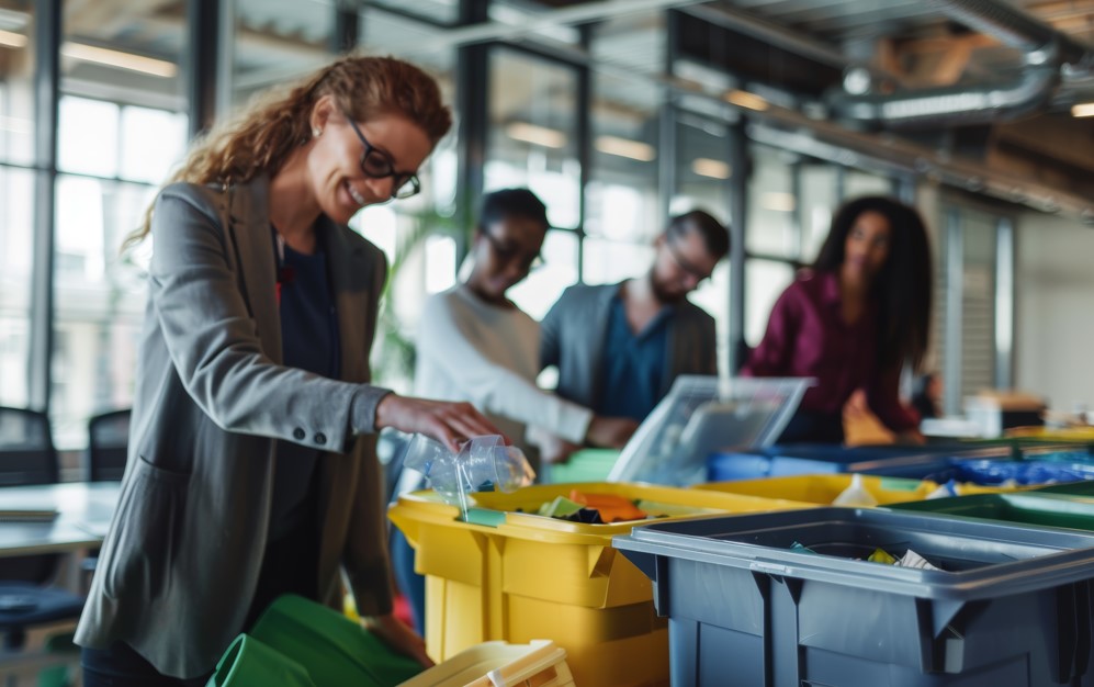 Colaboradores de uma empresa de facilities realizando a conservação, limpeza e sustentabilidade ambiental em uma organização. 