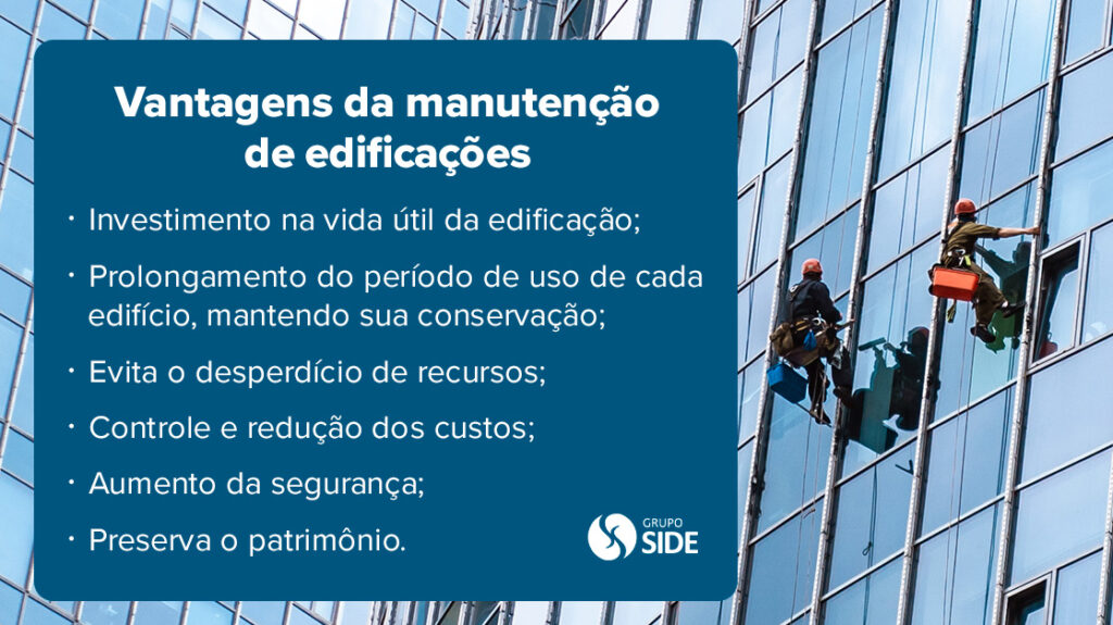 
Investimento na vida útil da edificação;
Prolongamento do período de uso de cada edifício, mantendo sua conservação; 
Evita o desperdício de recursos; 
Controle e redução dos custos;
Aumento da segurança;
Preserva o patrimônio.  
