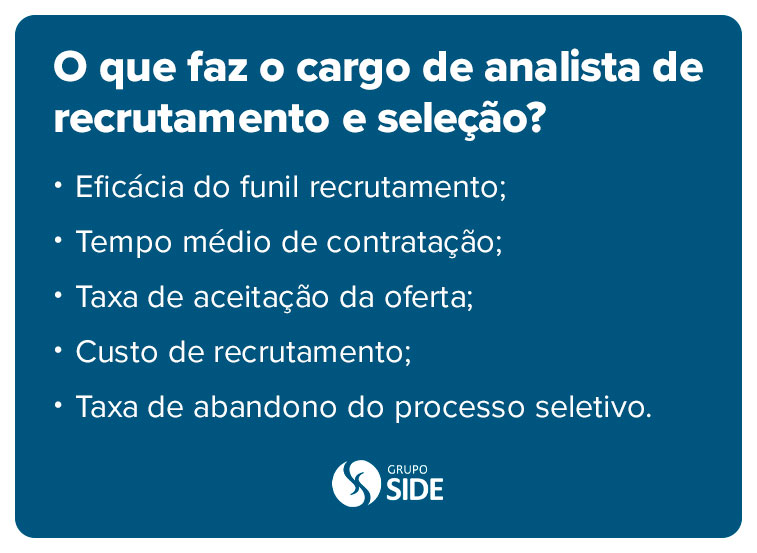 O que faz o cargo de analista de recrutamento e seleção?

- Eficácia do funil recrutamento;

- Tempo médio de contratação;

- Taxa de aceitação da oferta;

- Custo de recrutamento;

- Taxa de abandono do processo seletivo.