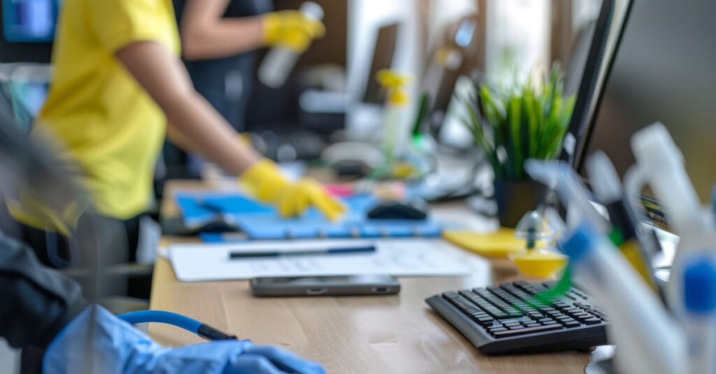 Limpeza para escritórios comerciais: 7 dicas das empresas de facilities Colaboradores de uma empresa de facilities realizando uma limpeza para escritórios comerciais em um ambiente corporativo.