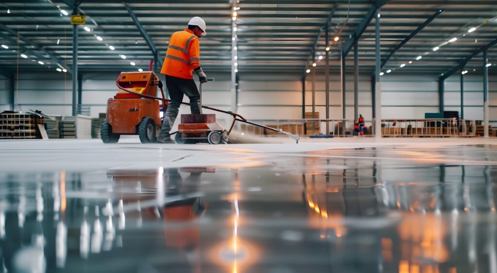 Colaborador de uma empresa de facilities realizando uma limpeza de armazém. 