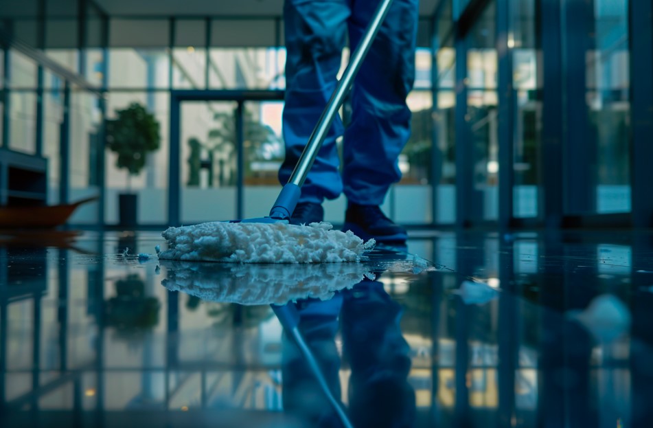 Atividade-fim e atividade-meio: entenda o que são e suas regras Colaborador de uma empresa de facilities realizando a limpeza de pisos como forma de atividade-fim e atividade-meio em uma empresa contratante.