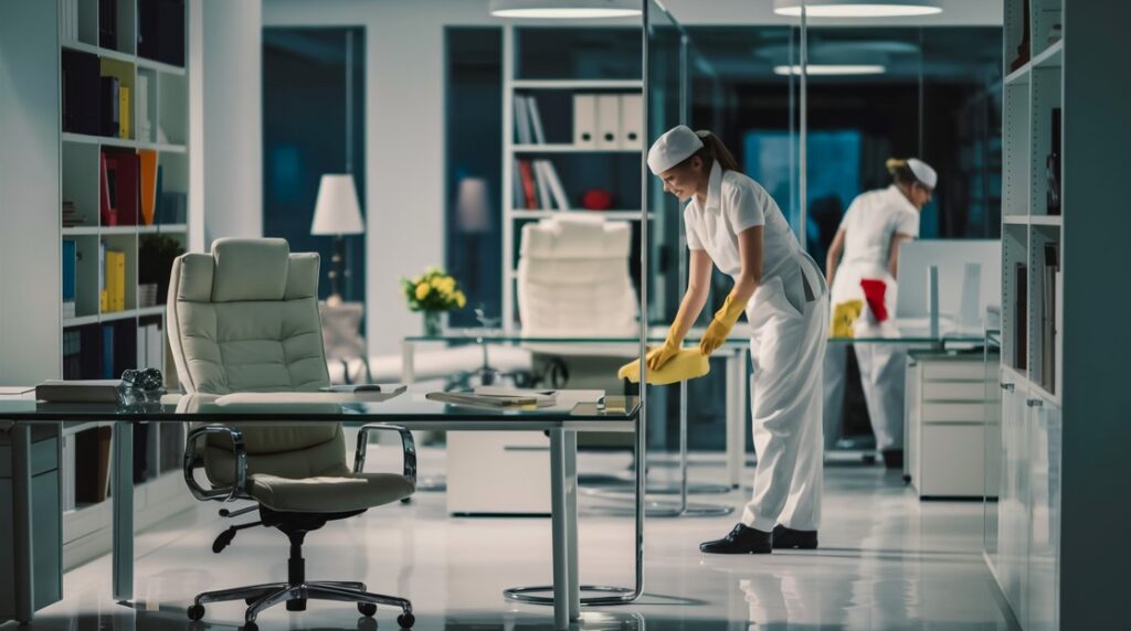 Limpeza de agência: 8 benefícios de terceirizar Colaboradores de uma empresa de facilities realizando limpeza de agência de forma terceirizada.