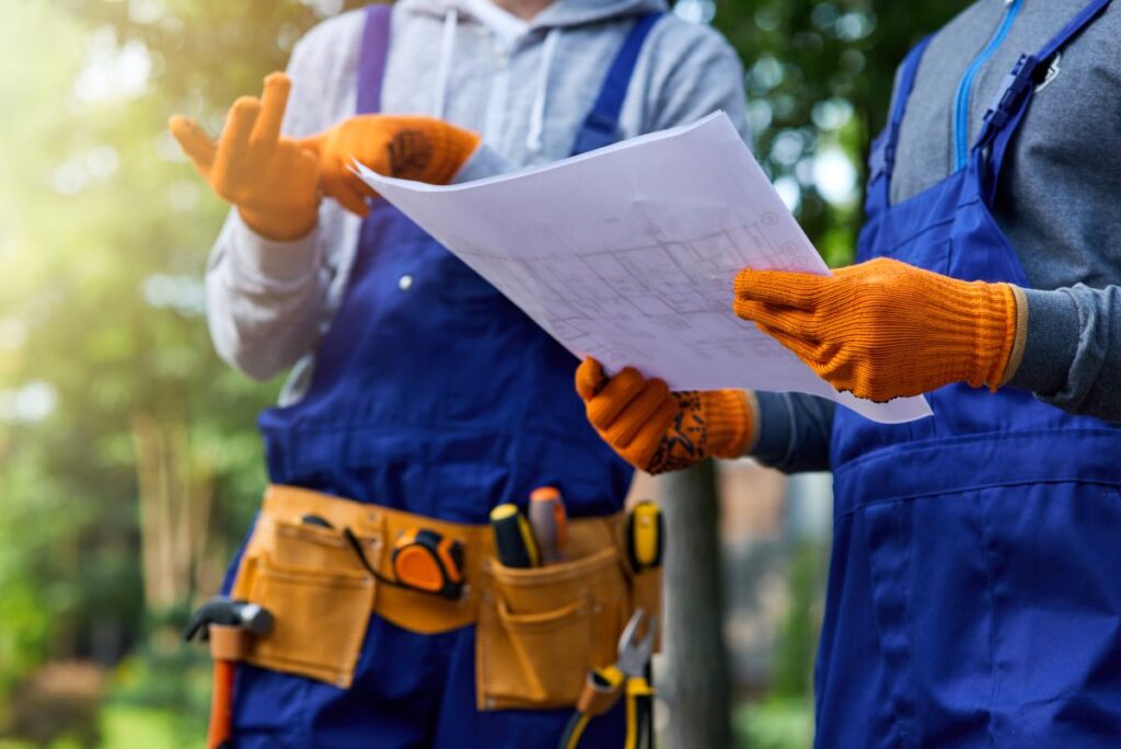 Funcionários de um centro de serviços compartilhados analisando planta técnica Funcionários de um centro de serviços compartilhados analisando planta técnica.