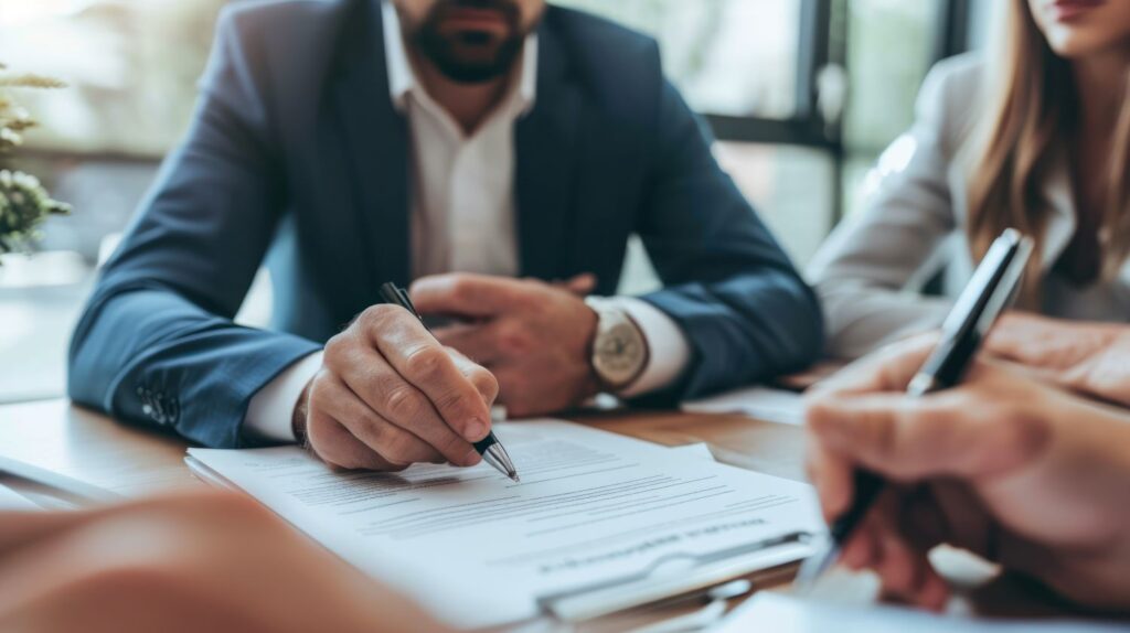 Gestores fazem gestão de contratos em ambiente corporativo.