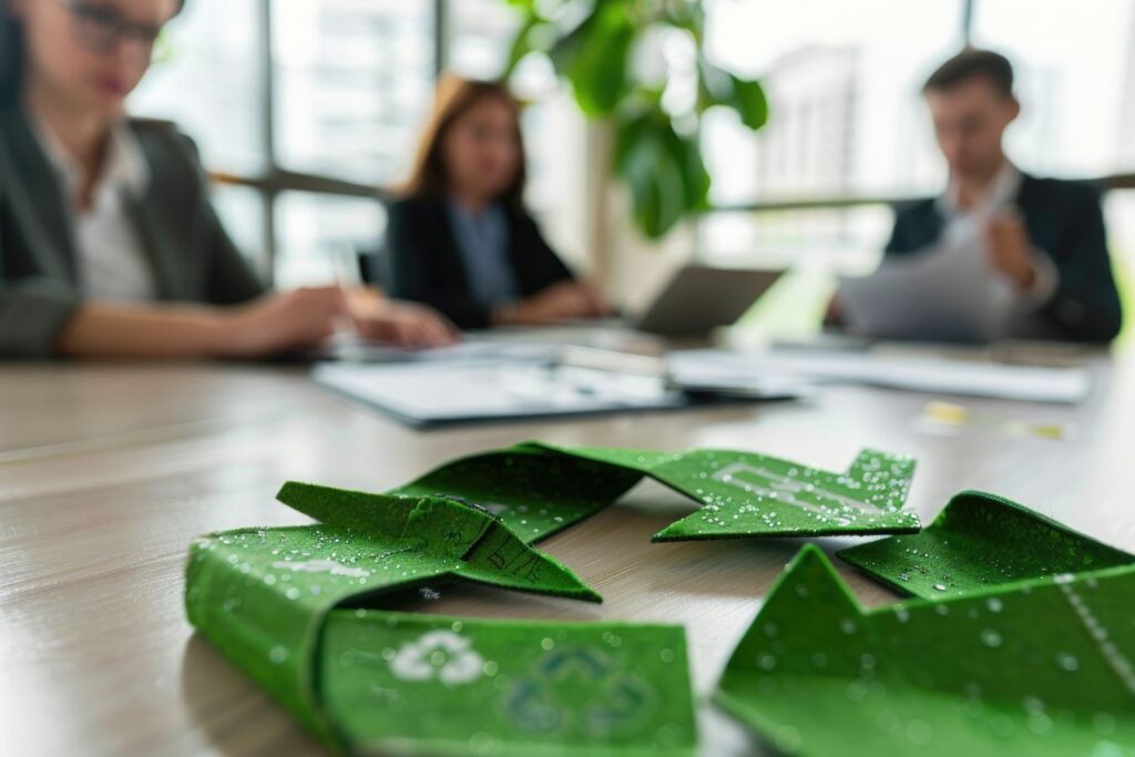 Símbolo de reciclagem em destaque em ambiente corporativo representando o que é sustentabilidade em gestão de facilities.